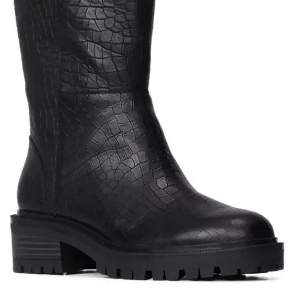 Paige Bella Black Tall/Knee High Boots Sz 9.5 Croc Embossed Leather Lug Sole New